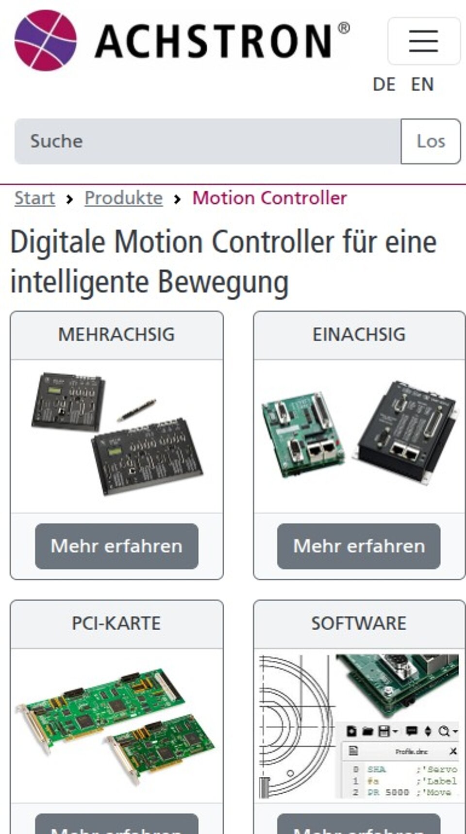 Screenshot der Unterseite "Motion Controller" von ACHSTRON auf Mobile