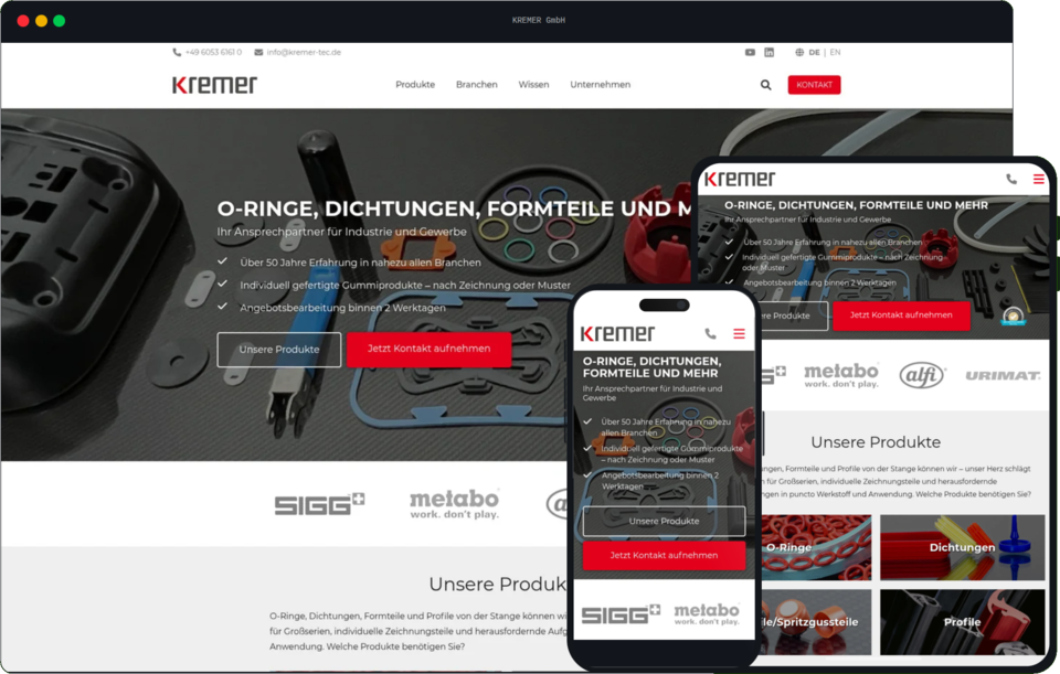 Responsive Webdesign-Mockup der Startseite von KREMER auf Monitor, Tablet und Smartphone.