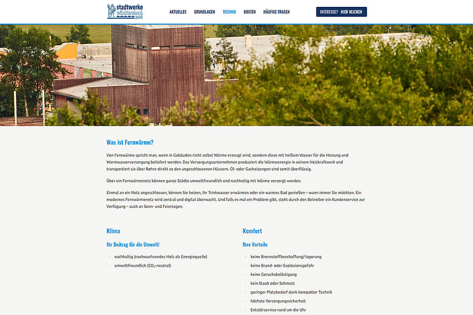 Screenshot der Unterseite 'Technik' von Stadtteilwärme auf Desktop