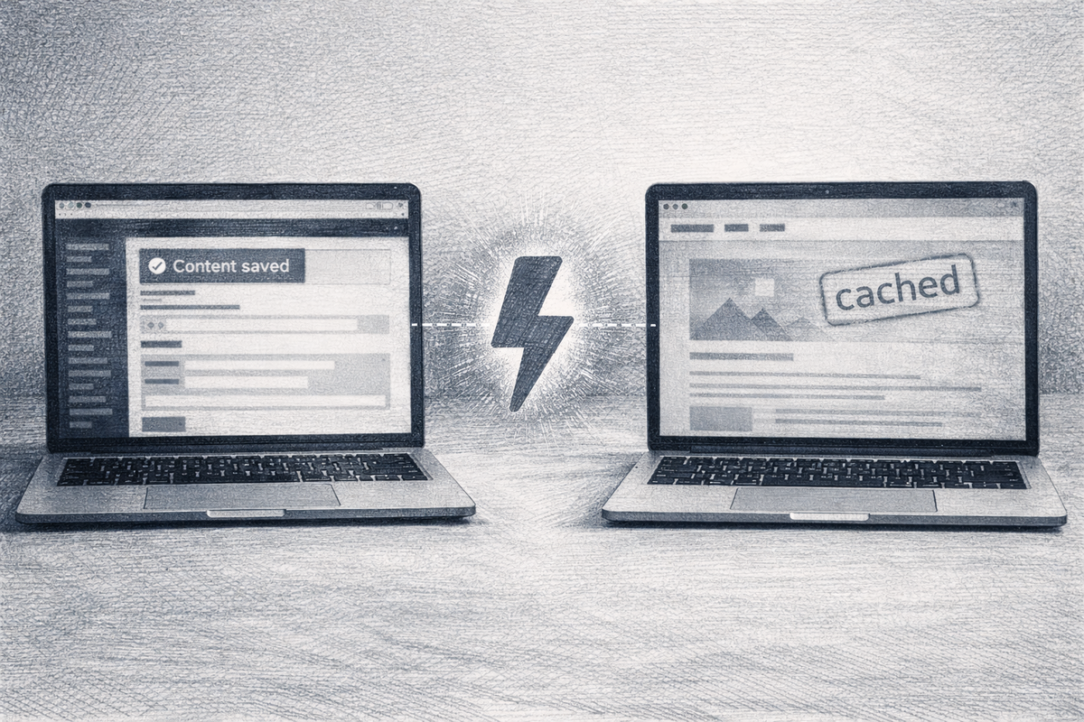 Zwei illustrierte Laptop-Bildschirme nebeneinander. Der linke Bildschirm zeigt ein CMS-Backend mit Anzeige 'Content saved'. Ein glühender Blitz ist zwischen den Laptops. Der rechte Bildschirm zeigt ein Website-Frontend mit einem gestempelten 'Cached'-Schriftzug.