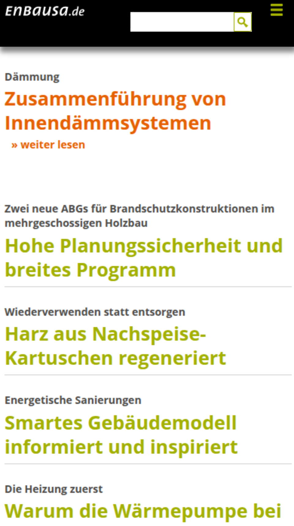 Screenshot der Startseite von EnBauSa auf Mobile