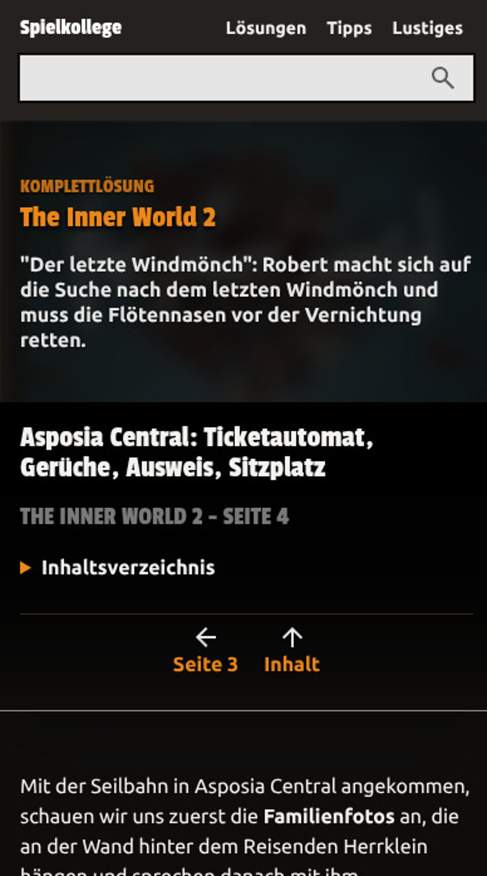 Screenshot einer Unterseite von Spielkollege auf Mobile
