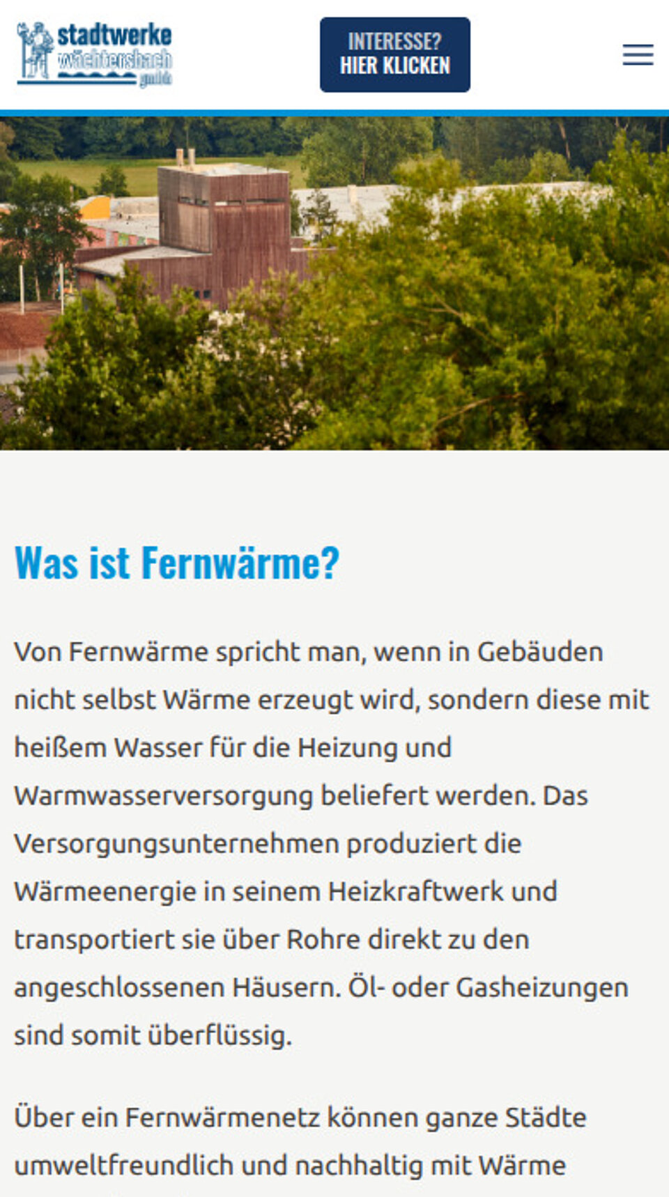 Screenshot der Unterseite 'Technik' von Stadtteilwärme auf Mobile