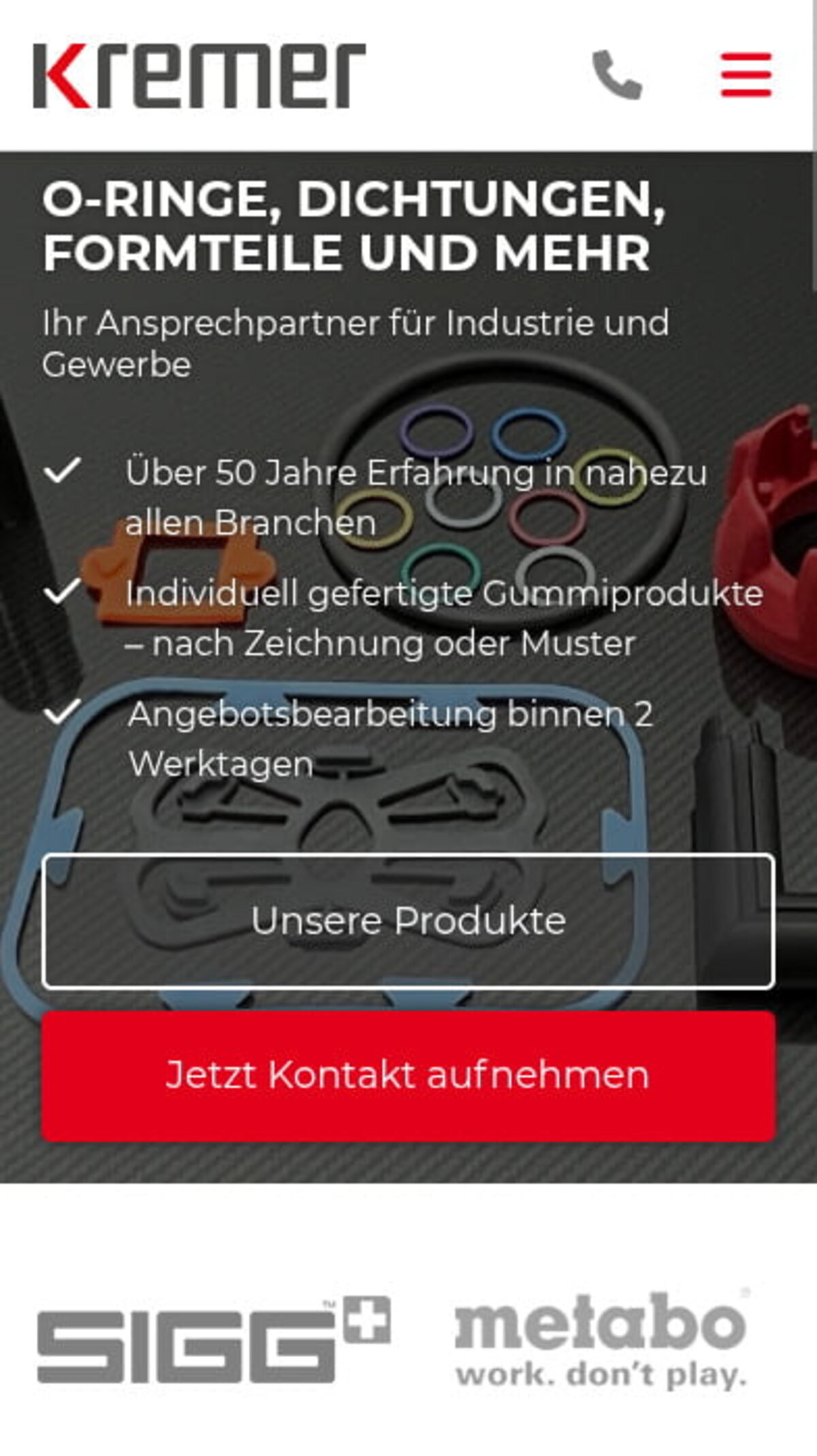Startseite von KREMER in der mobilen Ansicht