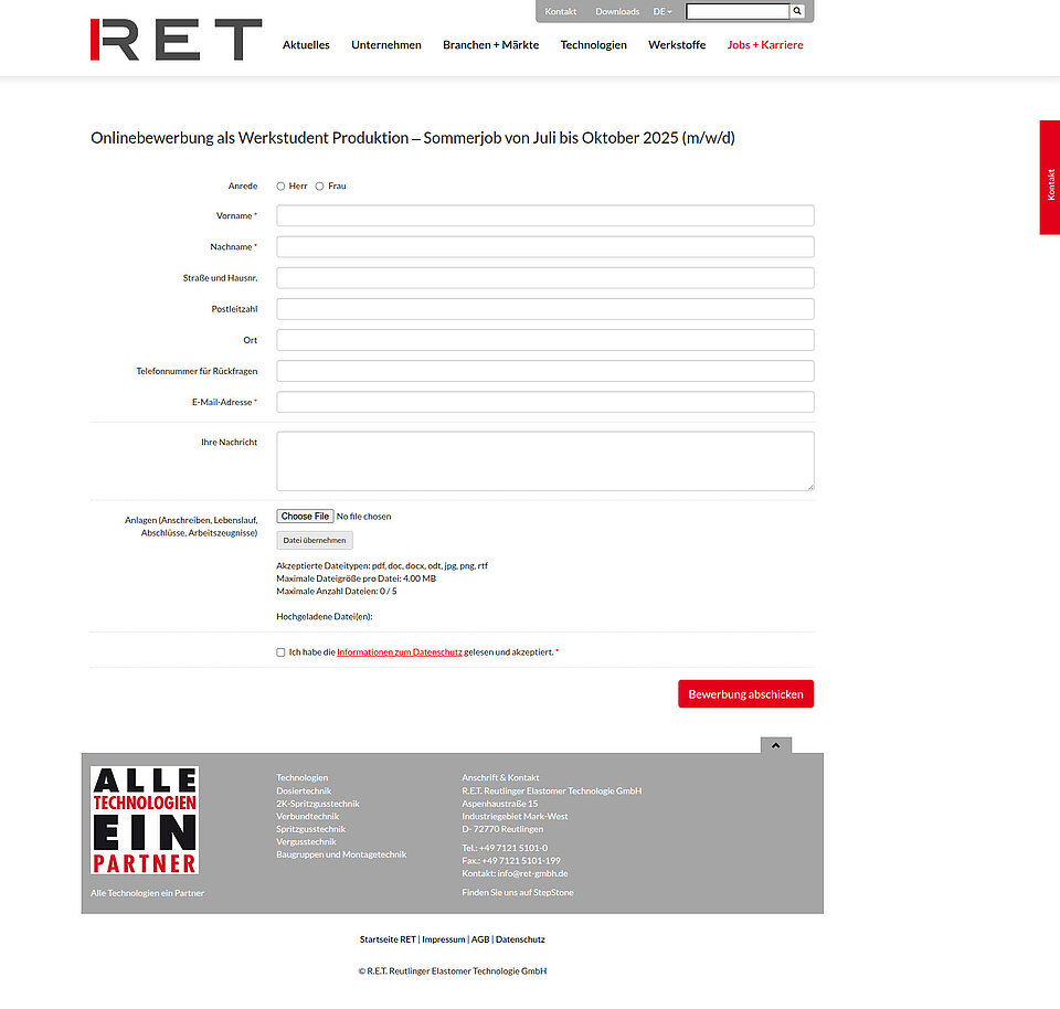Screenshot der Online-Bewerbung von R.E.T. auf Desktop