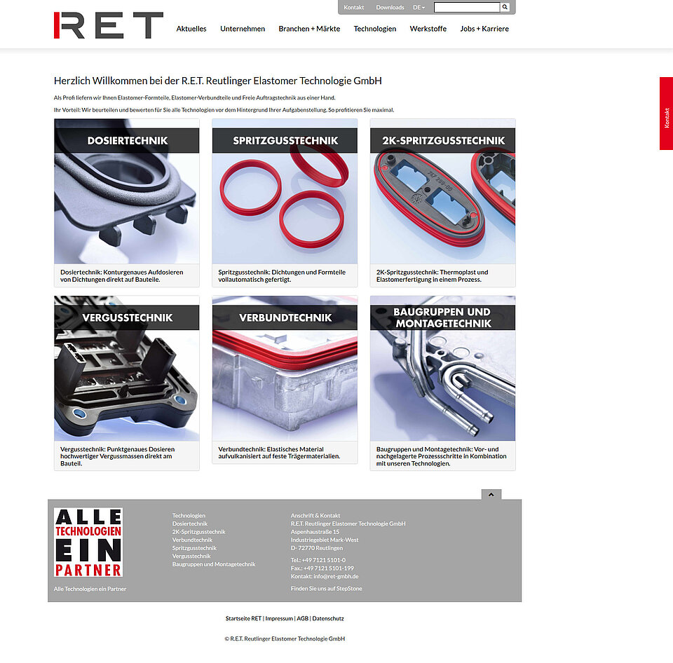 Screenshot der Startseite von R.E.T. auf Desktop