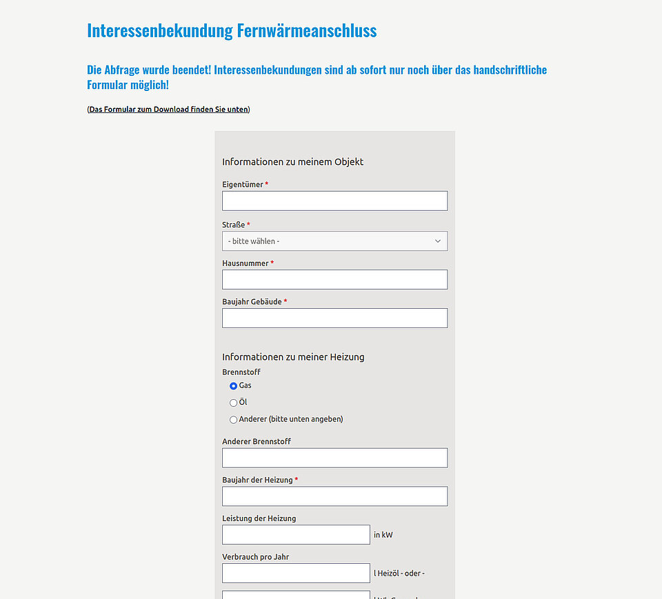 Screenshot des Rückmeldeformulars von Stadtteilwärme auf Desktop