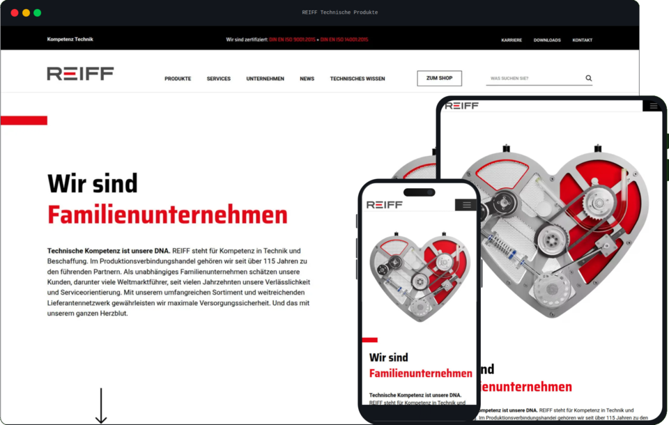 Responsive Webdesign-Mockup der Startseite von REIFF Technische Produkte auf Monitor, Tablet und Smartphone.