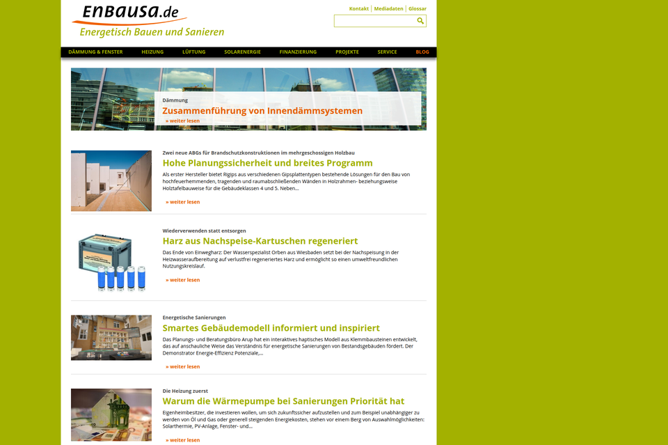 Screenshot der Startseite von EnBauSa auf Desktop
