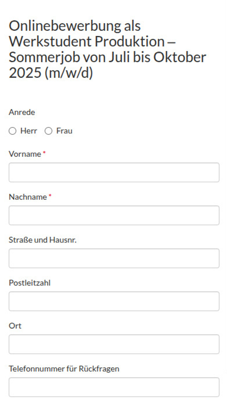 Screenshot der Online-Bewerbung von R.E.T. auf Mobile