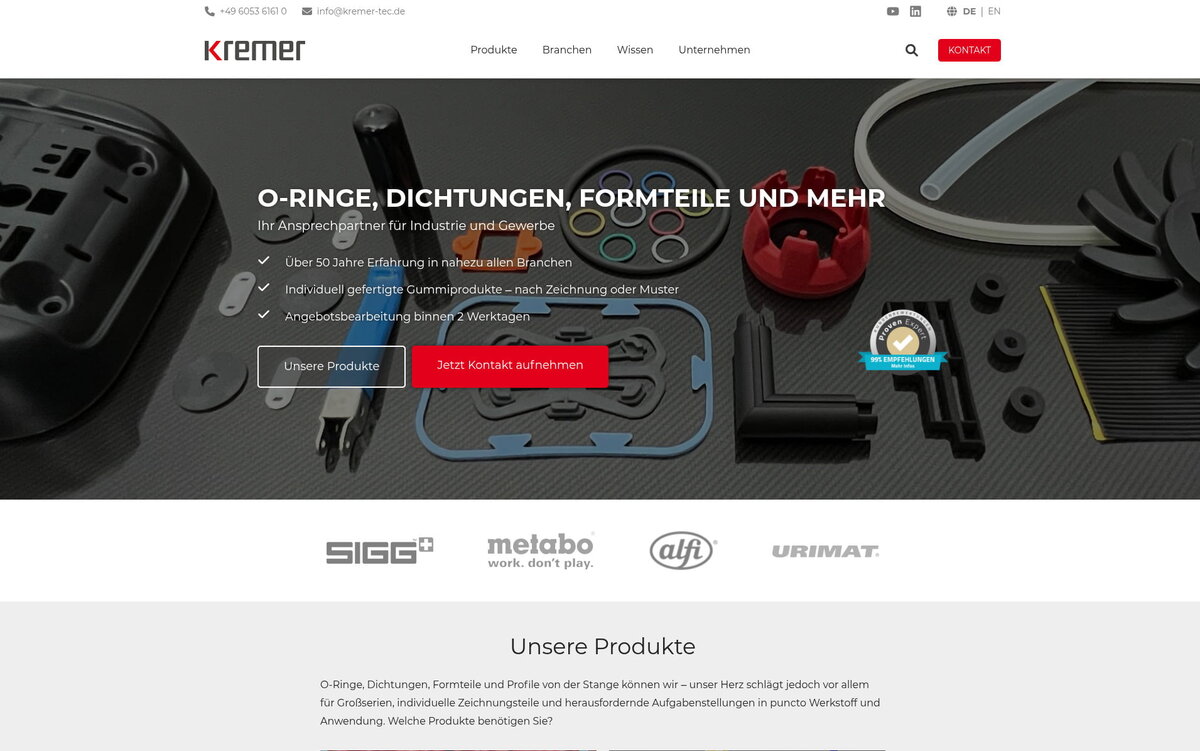 Startseite von KREMER in der Desktop-Ansicht