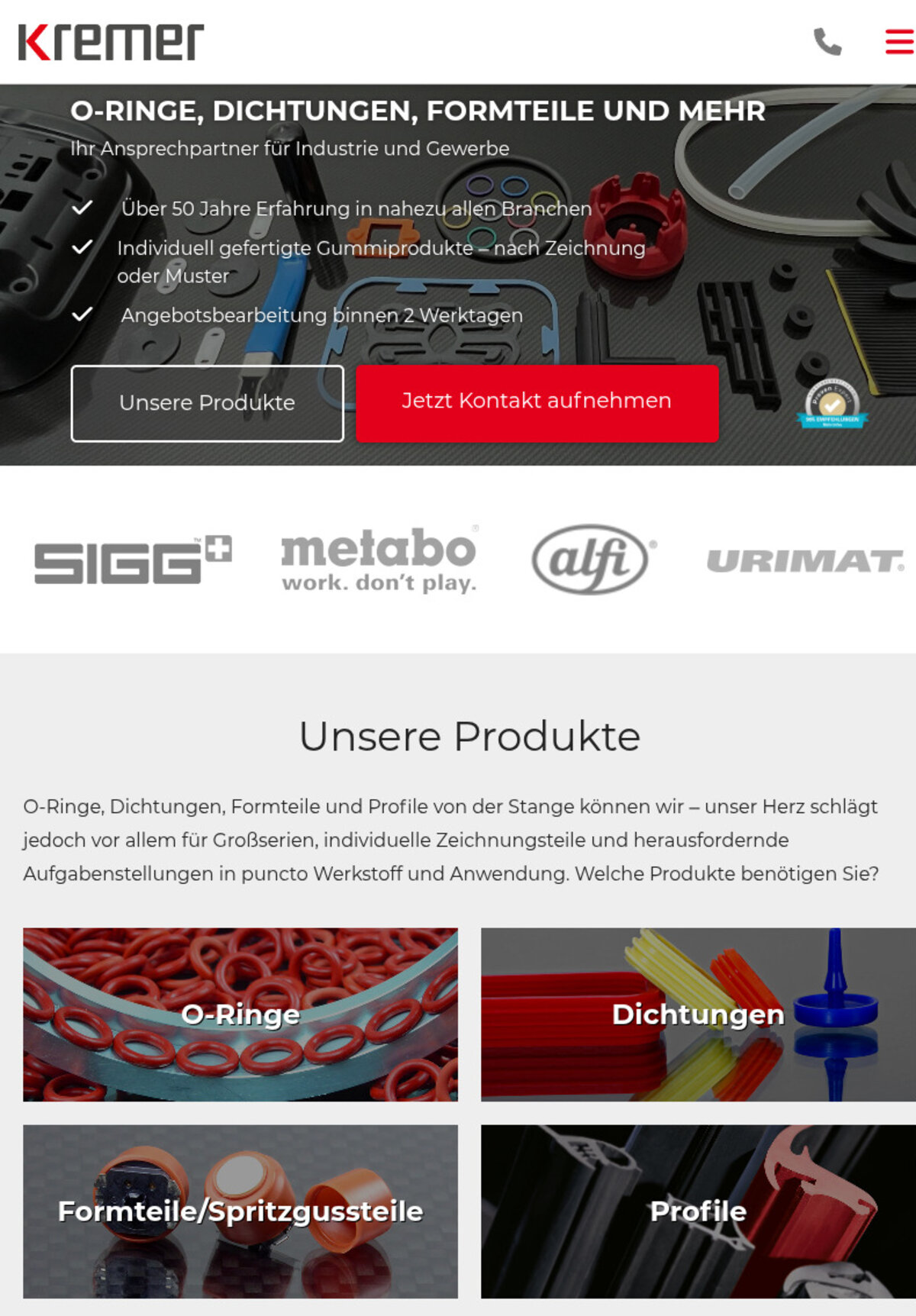 Startseite von KREMER in der Tablet-Ansicht