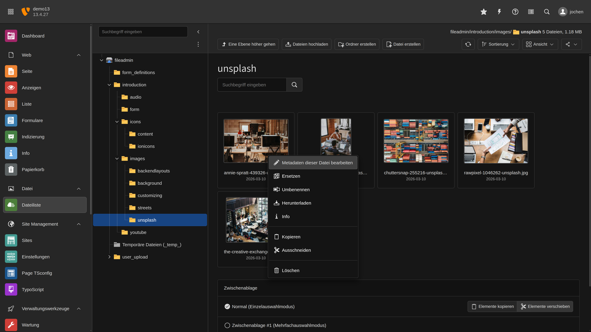 TYPO3 Backend: Modul Dateiliste mit Verzeichnisbaum, Dateiliste und Kontextmenü in v13