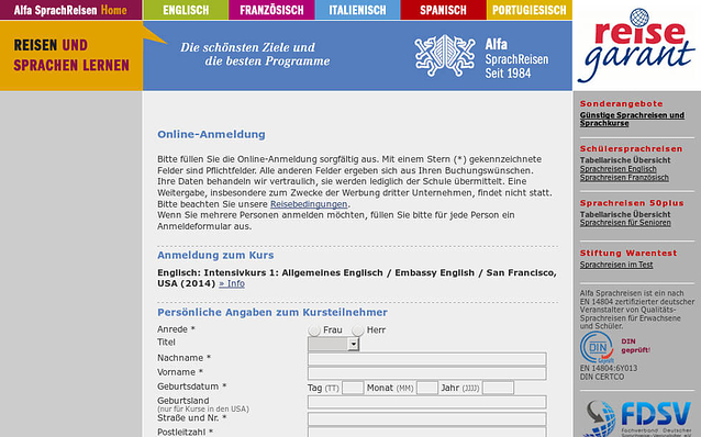 Screenshot: Online-Anmeldung, Alfa Sprachreisen