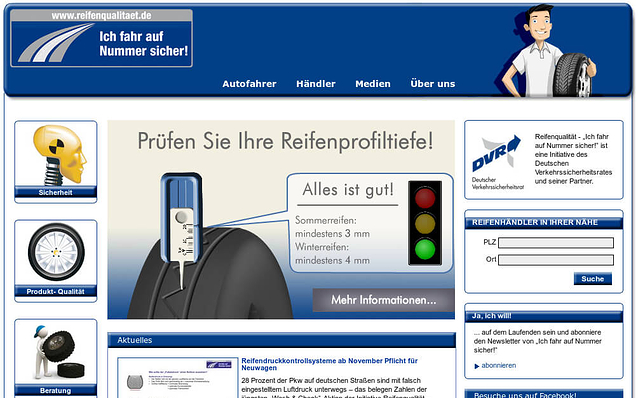 Screenshot: Startseite, Kampagnen-Website Reifenqualität