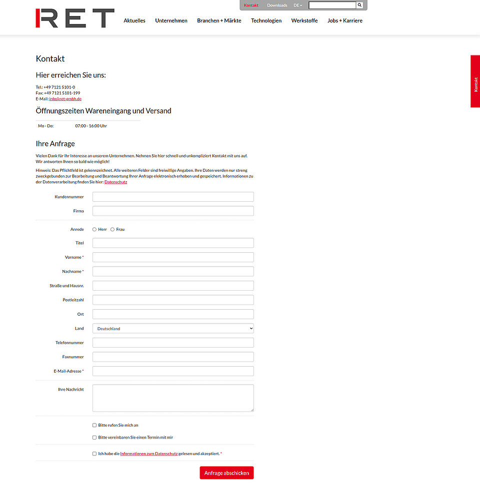 Screenshot der Kontaktseite von R.E.T. auf Desktop