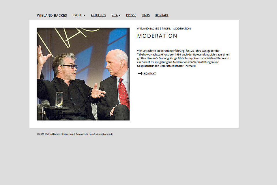 Screenshot der Unterseite 'Moderation' von Wieland Backes auf Desktop