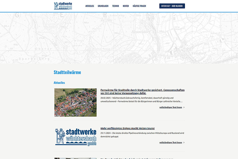 Screenshot der Startseite von Stadtteilwärme auf Desktop