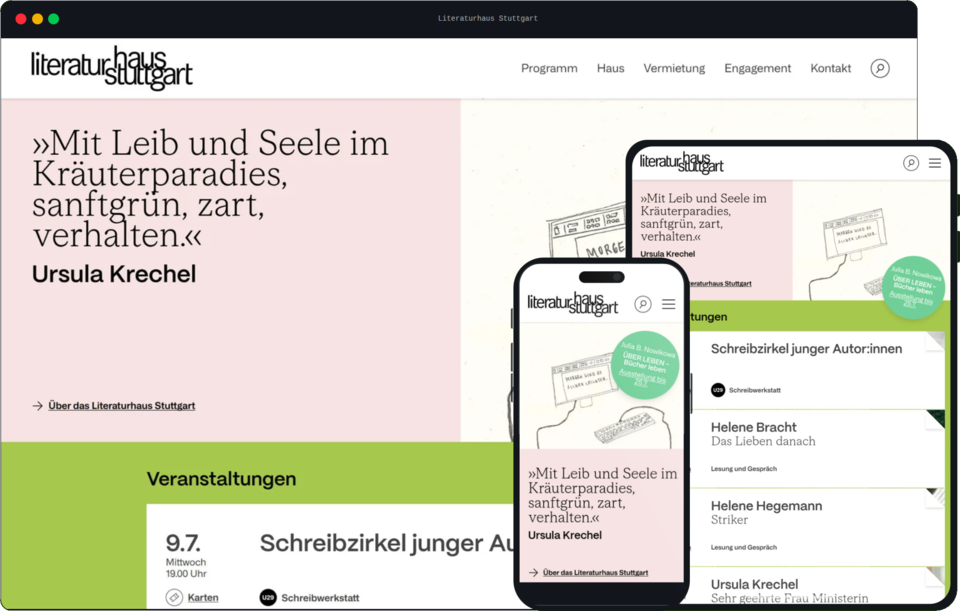 Responsive Webdesign-Mockup der Startseite des Literaturhaus Stuttgart auf Monitor, Tablet und Smartphone.