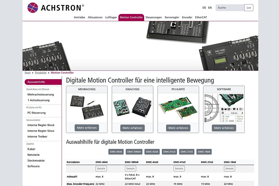 Screenshot der Unterseite "Motion Controller" von ACHSTRON auf Desktop