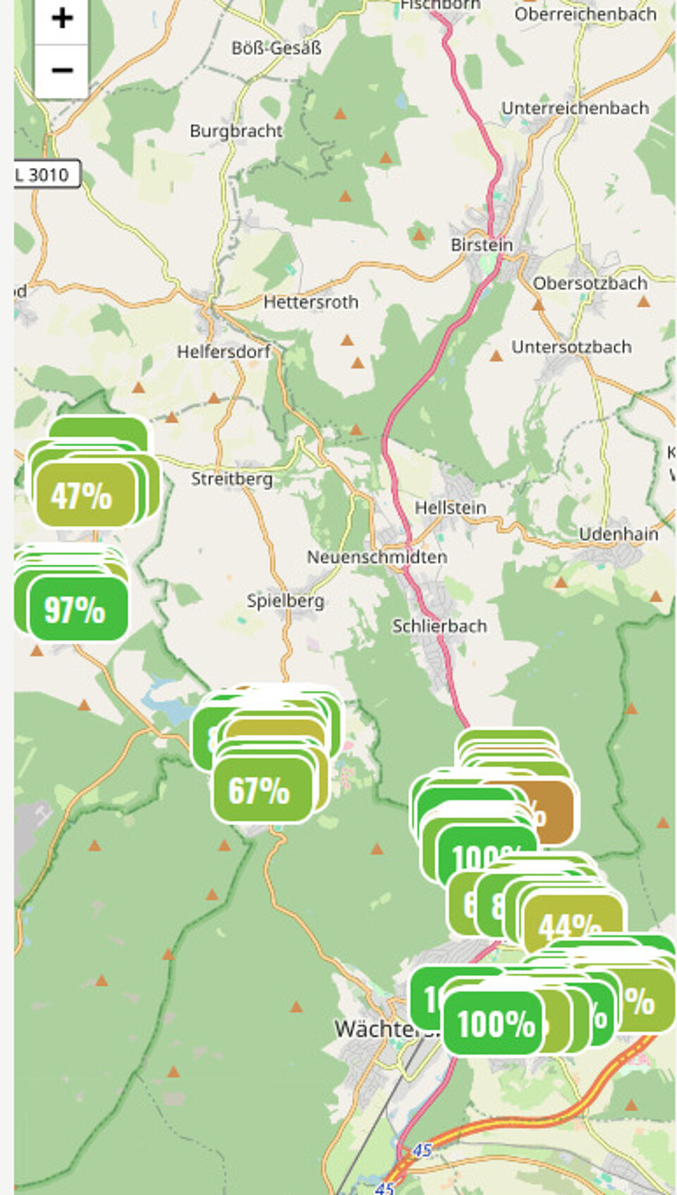 Screenshot der dynamischen Karte von Stadtteilwärme auf Mobile