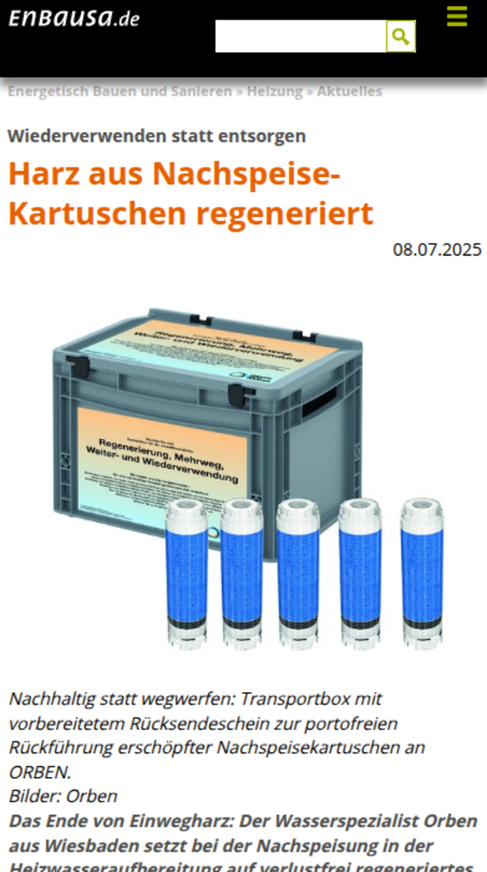Screenshot eines Artikels von EnBauSa auf Mobile