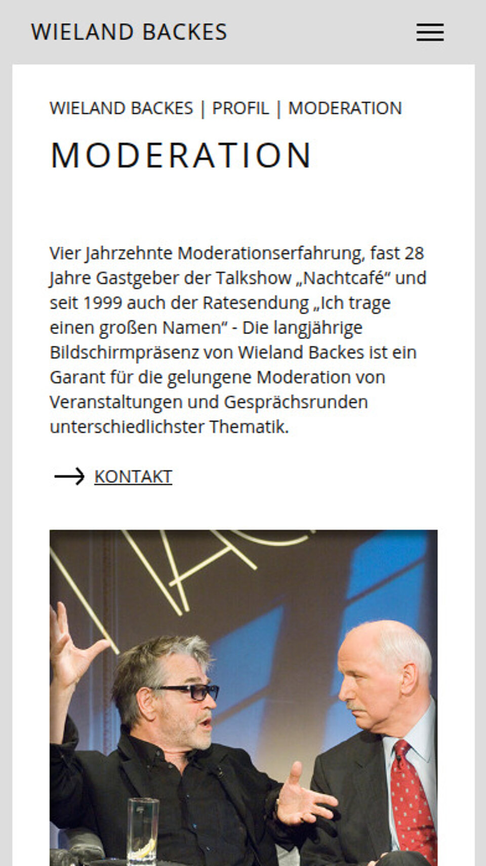 Screenshot der Unterseite 'Moderation' von Wieland Backes auf Mobile